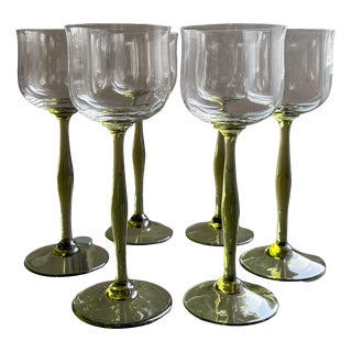 Art Nouveau Wine Glasses with Wavy Bowl and Green Stem, 1890s, Set of 6 For Sale