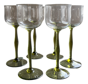Art Nouveau Wine Glasses with Wavy Bowl and Green Stem, 1890s, Set of 6
