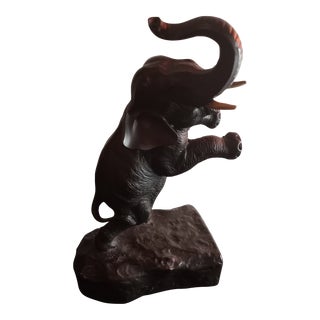 Vintage Solid Bronze Standing Trunk-Up Elephant Sculpture For Sale