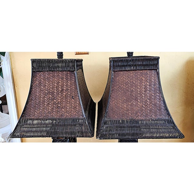 Pair of French Verdi Table Lamps With Rectangular Woven Rattan Shades For Sale - Image 11 of 18