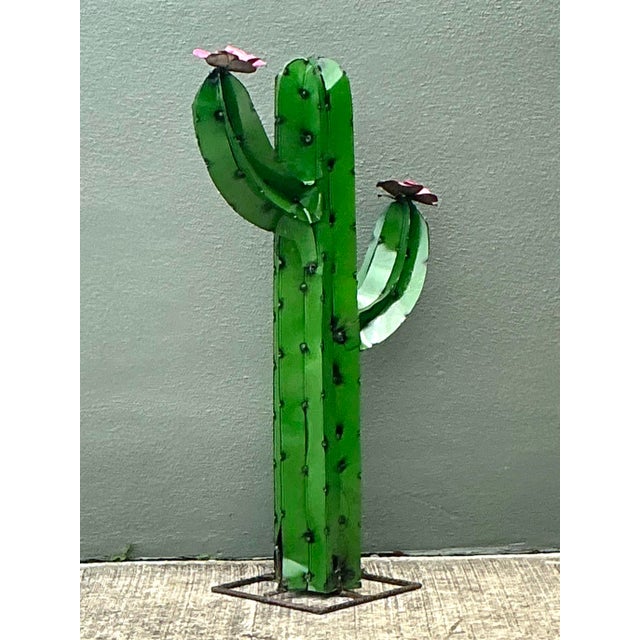 Rustic Vintage Torched Metal Cut Cactus For Sale - Image 3 of 12