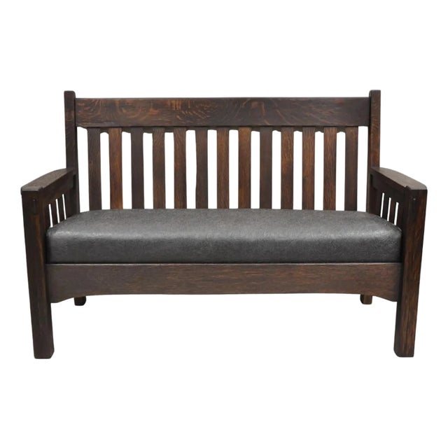 Antique Arts & Crafts Mission Oak Stickley Style 14 Slatted Bench Settee Sofa For Sale