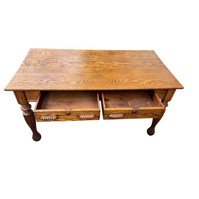 Antique 1900's Large Oak Library Table 2 Drawers For Sale - Image 4 of 17
