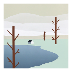 Home Near the Lake - Minimalist Serene Landscape Painting Original Artwork by Mike Gough