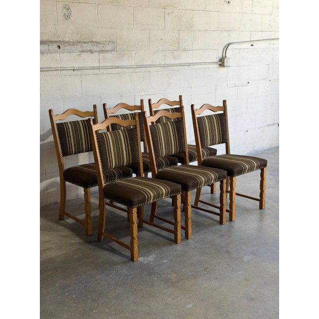 1970s In Style of Henning Kjærnulf Oak Dining Chairs Set of 6 With Striped Upholstery 1970s For Sale - Image 5 of 11
