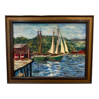 Vintage Signed Maritime Harbor Oil Painting by P. McIsaac For Sale