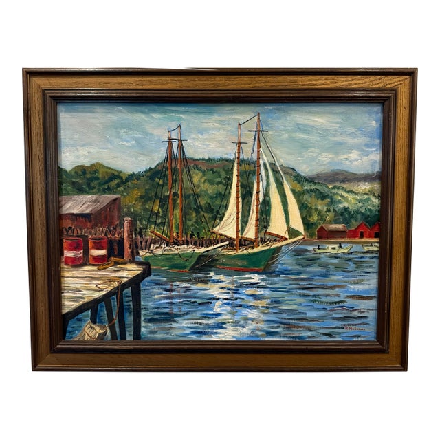 Vintage Signed Maritime Harbor Oil Painting by P. McIsaac For Sale