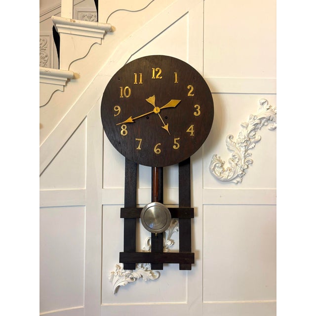 Brown Antique Arts and Crafts Oak Wall Clock with 8-Day Striking Movement and Brass Numerals, 1900 For Sale - Image 8 of 8