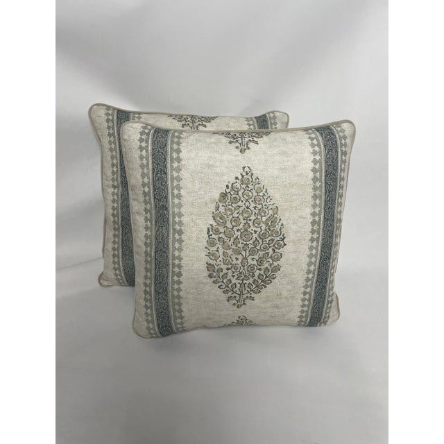 Gorgeous botanical striped pillows with Thibaut fabric Chappana in grey. Complete with a grey/beige linen look back, grey...
