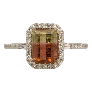 1.8Ct Bi-Color Tourmaline Ring With Earth-Mined Diamond Accents: Solid 14k Gold, Size 6.75 For Sale