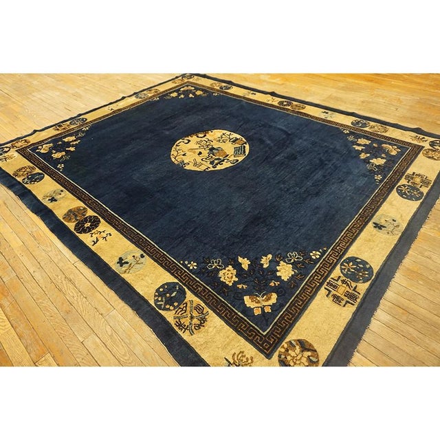 Textile 1920s Navy Field Medallion Floral Greek Key Antique Chinese Peking Rug For Sale - Image 7 of 9