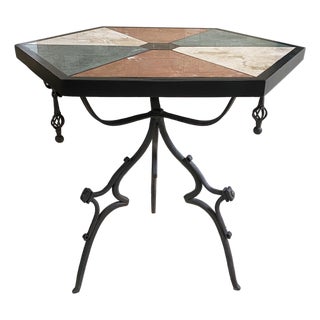 Mid-Century English Gothic Style Iron Side Table With Hexagonal Marble Inlay Top For Sale