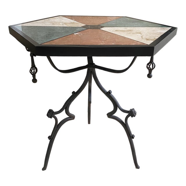 Mid-Century English Gothic Style Iron Side Table With Hexagonal Marble Inlay Top For Sale