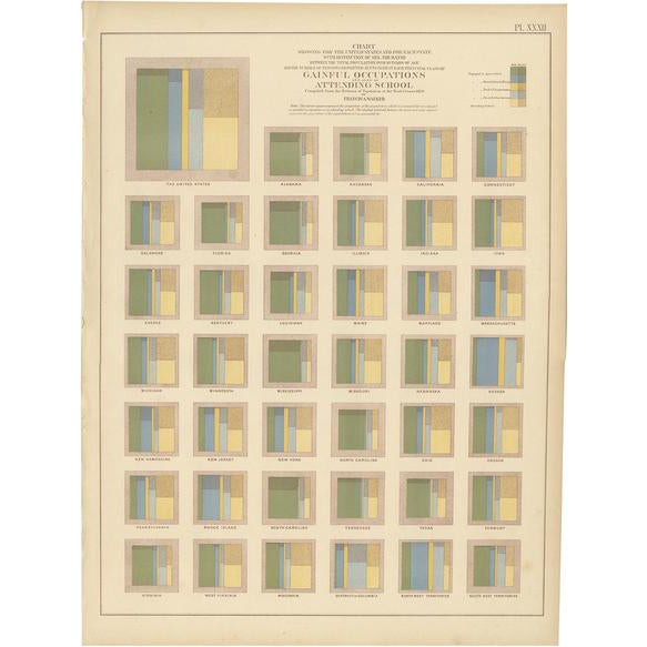 Antique Chart of Occupations and School Attendance of the United States, 1874 For Sale