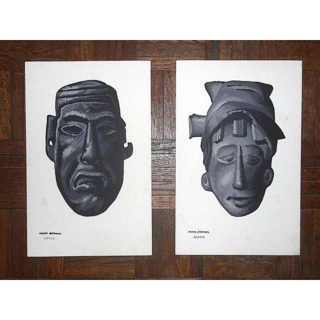 Mid 20th Century Vintage . Serigraphs-Listed American Artist-Mayan/Incan-Masks-A Pair For Sale - Image 5 of 5
