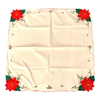 Vintage Mid-Century Poinsettias Holiday Tablecloth For Sale