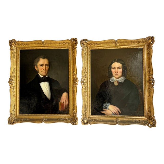 Portraits Gentleman and Lady, 1800s, Oil on Canvas, Framed, Set of 2 For Sale