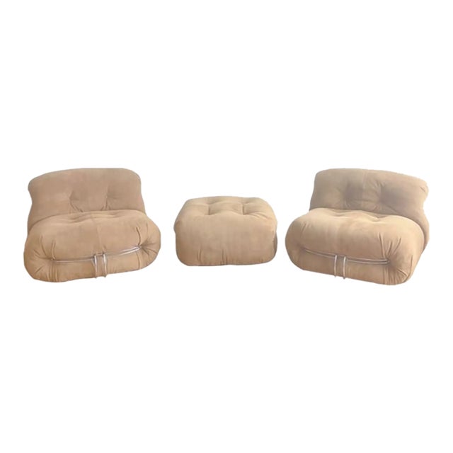 Original Soriana Lounge Chairs and Ottoman Design Tobia Scarpa for Cassina 1970s For Sale