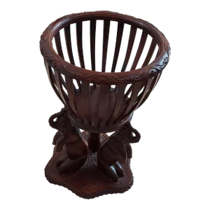 Late 20th Century Carved Dark Wood Plant Stand With Three Carved Elephants Supporting Plant Basket