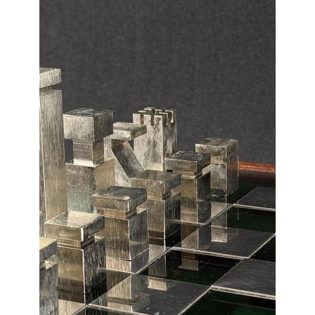 Beige Custom Metal Chess Set with Glass Board and Storage Box in the style of Hermès, 1980s, Set of 33 For Sale - Image 8 of 17