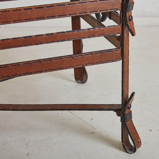 Iron + Leatherette Coffee Table with Glass Top in the Style of Jacques Adnet For Sale - Image 9 of 11