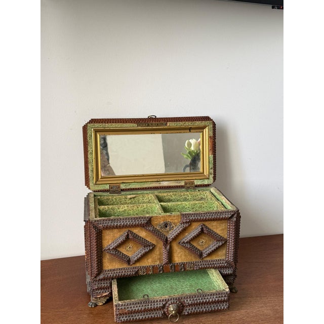 Wood Antique Tramp Art Jewelry Box 1898, Hand Carved Wooden Chest With Mirror, Folk Art Keepsake Box, Victorian Trinket Box, Lion Pull For Sale - Image 7 of 14