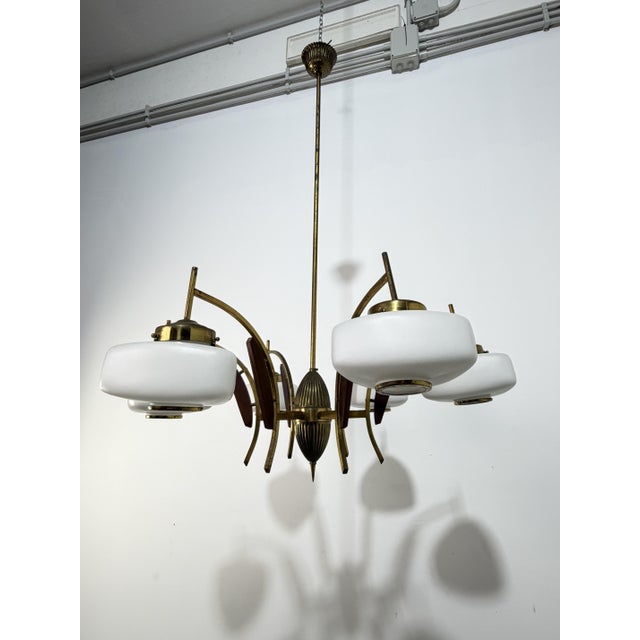 6-Light Chandelier in Brass, Wood and Opal Glass in the style of Stilnovo, 1950 For Sale - Image 11 of 11