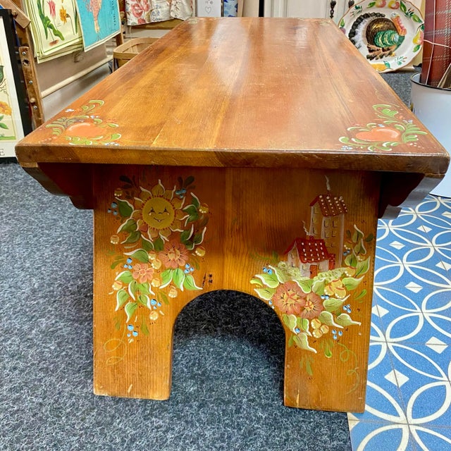 Vintage Danish Style Handcrafted Folk Art Wood Bench With Hand Painted Designs For Sale In Sacramento - Image 6 of 14