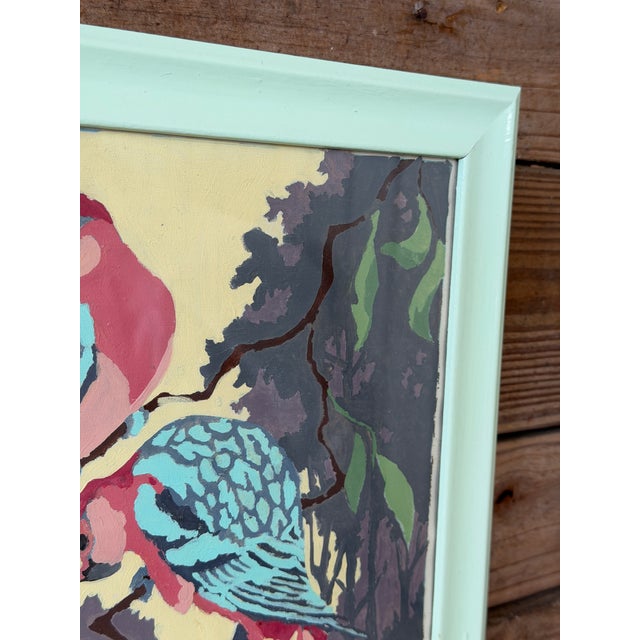 Mid 20th Century Vintage Tropical Parrot Painting on Canvas in Mint Painted Frame For Sale - Image 5 of 11