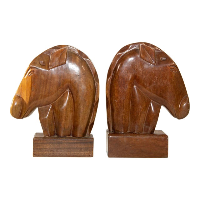 Vintage Hand Carved Wooden Art Deco Horse Head Bookends a Pair For Sale