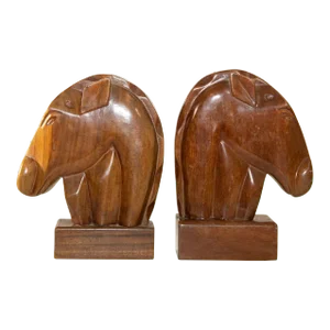 Vintage Hand Carved Wooden Art Deco Horse Head Bookends a Pair