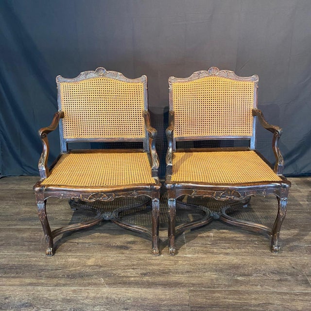French Carved & Caned French Armchairs With Mohair Cushions- A Pair For Sale - Image 3 of 14