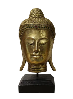 Handcrafted Gold Wood Serene Peaceful Buddha Head On Stand
