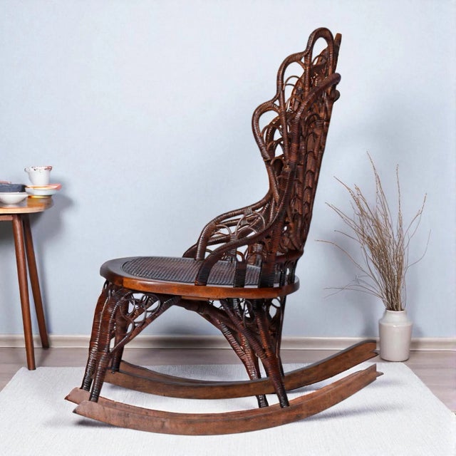 Wood 1800's Victorian Wicker Rocking Chair by Heywood-Wakefield or j.c. Berrien For Sale - Image 7 of 13