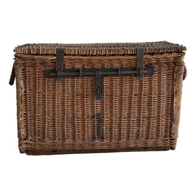 Antique English Wicker Trunk With Iron Hardware | Chairish