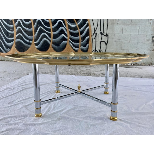 Mid-Century Modern Chrome X-Base Coffee Table Having Scalloped Brass Glass For Sale In Denver - Image 6 of 13