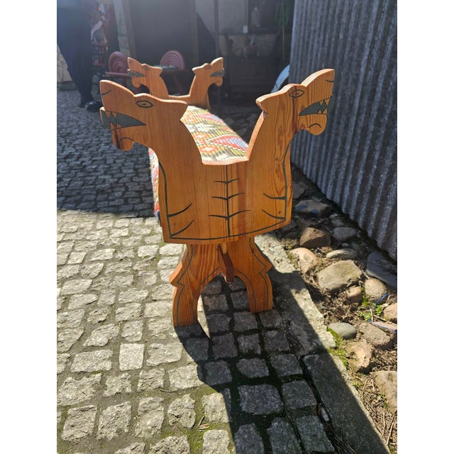 Folk Style Wooden Bench with Carved Dogs, 1960s For Sale - Image 6 of 9