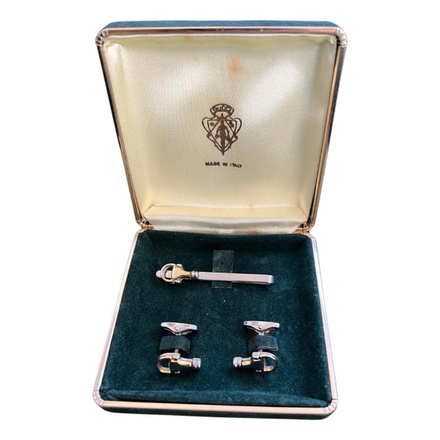 Vintage Gucci Gold Plate Cufflinks & Tie Clip “Circa 1970s” Original Gucci Green For Sale