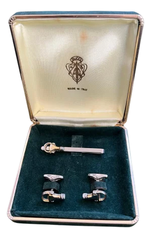 Vintage Gucci Gold Plate Cufflinks & Tie Clip “Circa 1970s” Original Gucci Green