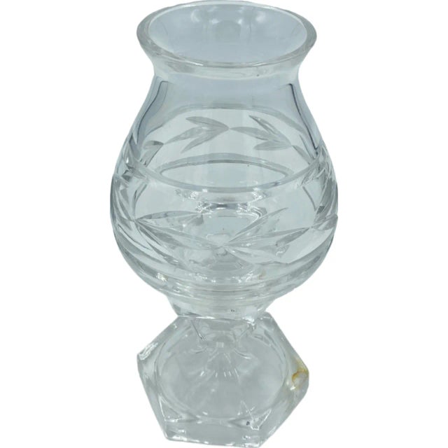 Traditional Mid 20th Century Vintage 2-Piece Clear Cut Crystal Glass Hurricane Lamp Candle Holder Light For Sale - Image 3 of 12