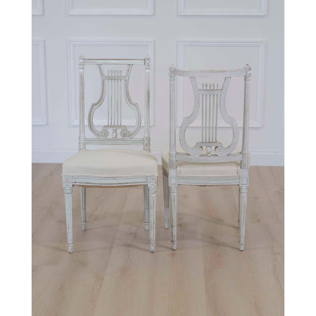 Pair of Antique French Neoclassical Painted Chairs in Antique Linen For Sale - Image 9 of 12