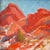 This artwork depicts a vibrant landscape of red rock formations, characterized by bold strokes and a rich palette that...