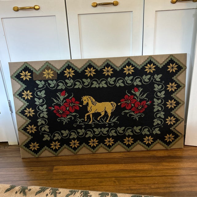 1940s Vintage Needlepoint Textile Art - Horse & Floral For Sale - Image 5 of 5