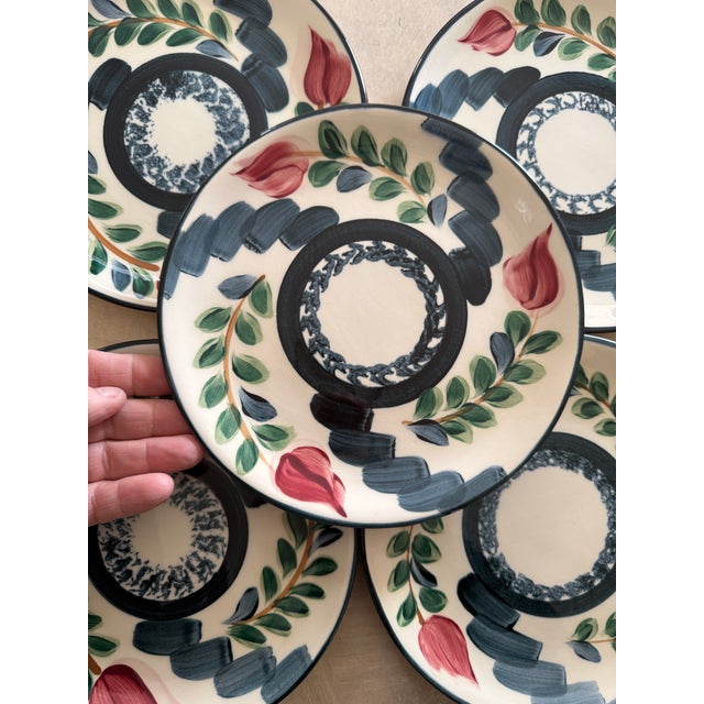 Set of 5 Hand Painted Studio Pottery Plates Signed P Silkotch 1993 Mississippi Folk Art 7 7/8 Inch Salad Plates For Sale - Image 9 of 10