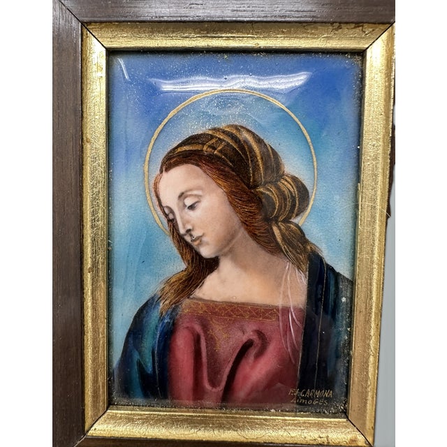 Antique Vintage French Religious Enamel on Copper Virgin Mary Fj Carmona Limoges For Sale - Image 10 of 11