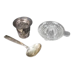 Early 20th Century Christofle Art Deco Silverplate Squeezer Beaker Strainer Spoon Cocktail Bar Set- 3 Pieces