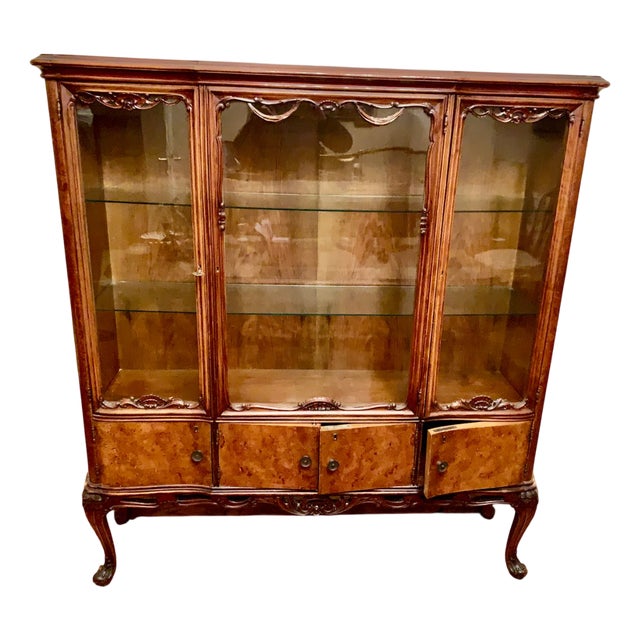 Italian Walnut Burl Chippendale Display Cabinet, 1960s For Sale
