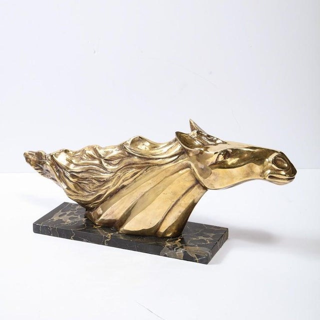 Art Deco Stylized Stallion Sculpture in Brass on Black Portoro Marble Base For Sale - Image 11 of 12