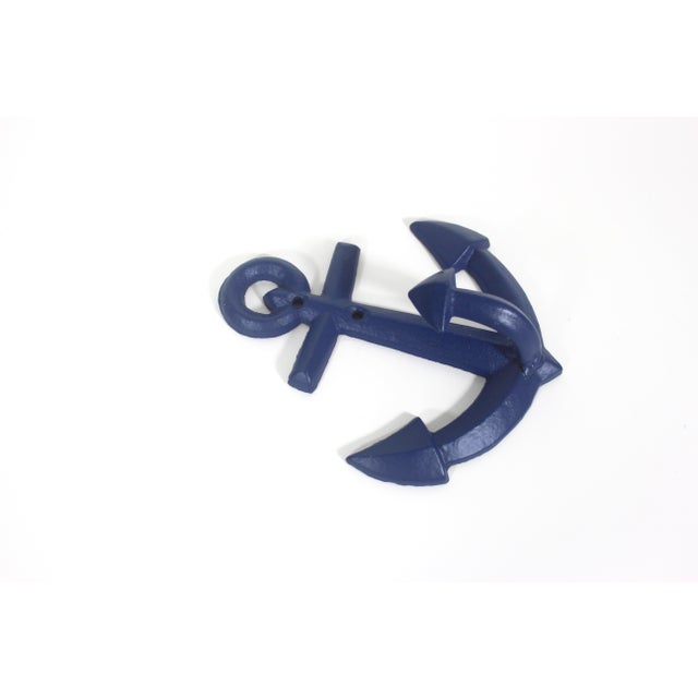 Nautical Vintage Cast Iron Anchor Hook Coastal Nautical Beach House Style Blue For Sale - Image 3 of 9