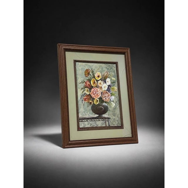 Classic framed floral bouquet artwork featuring a decorative flower arrangement in a dark vase with warm vintage-style...